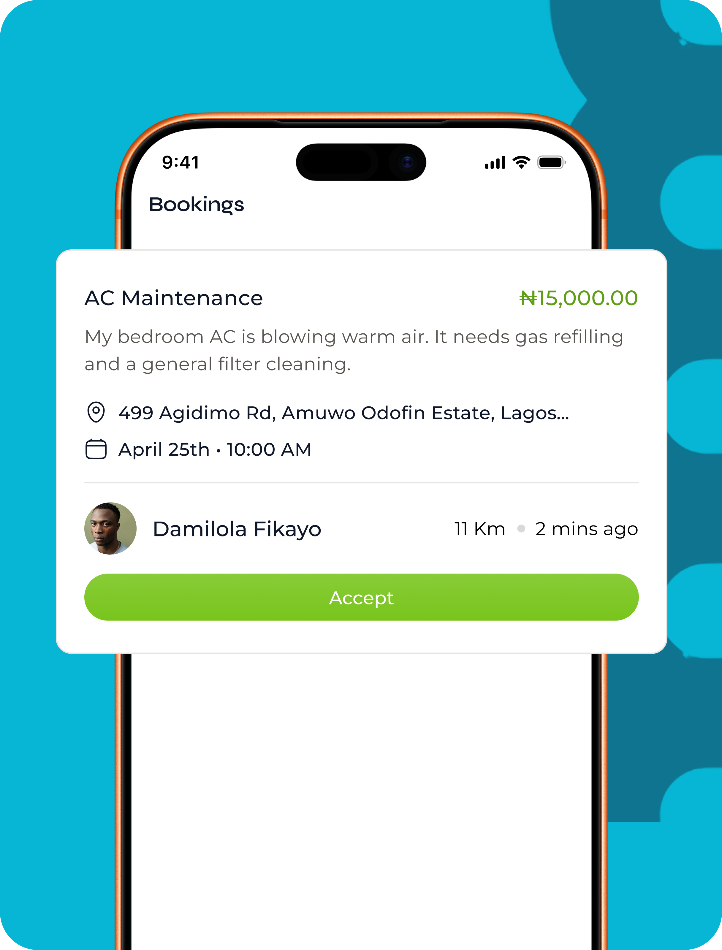 Booking request notification for an AC maintenance job in the HandyNaija app