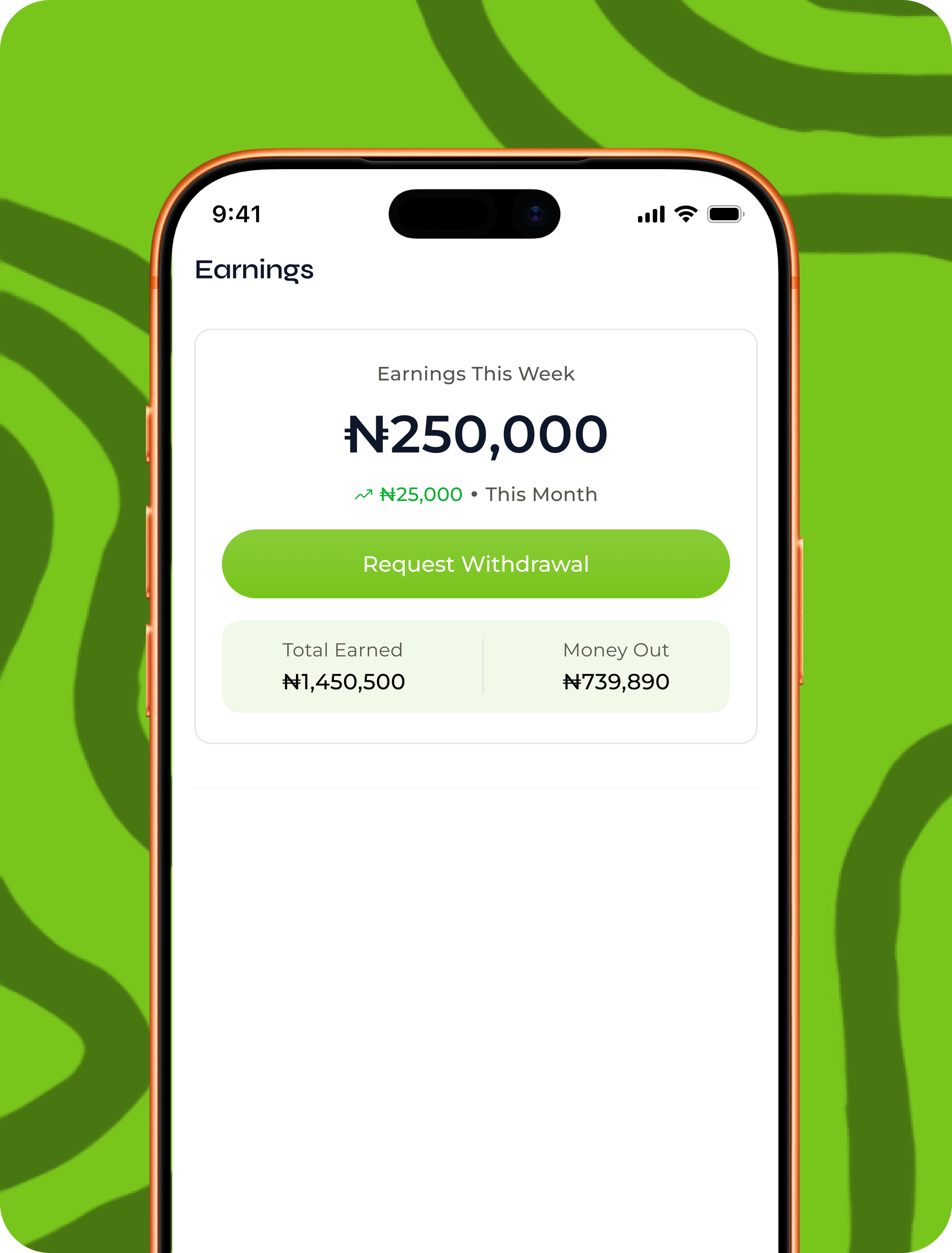 Earnings dashboard in the HandyNaija app showing weekly income and a withdrawal button