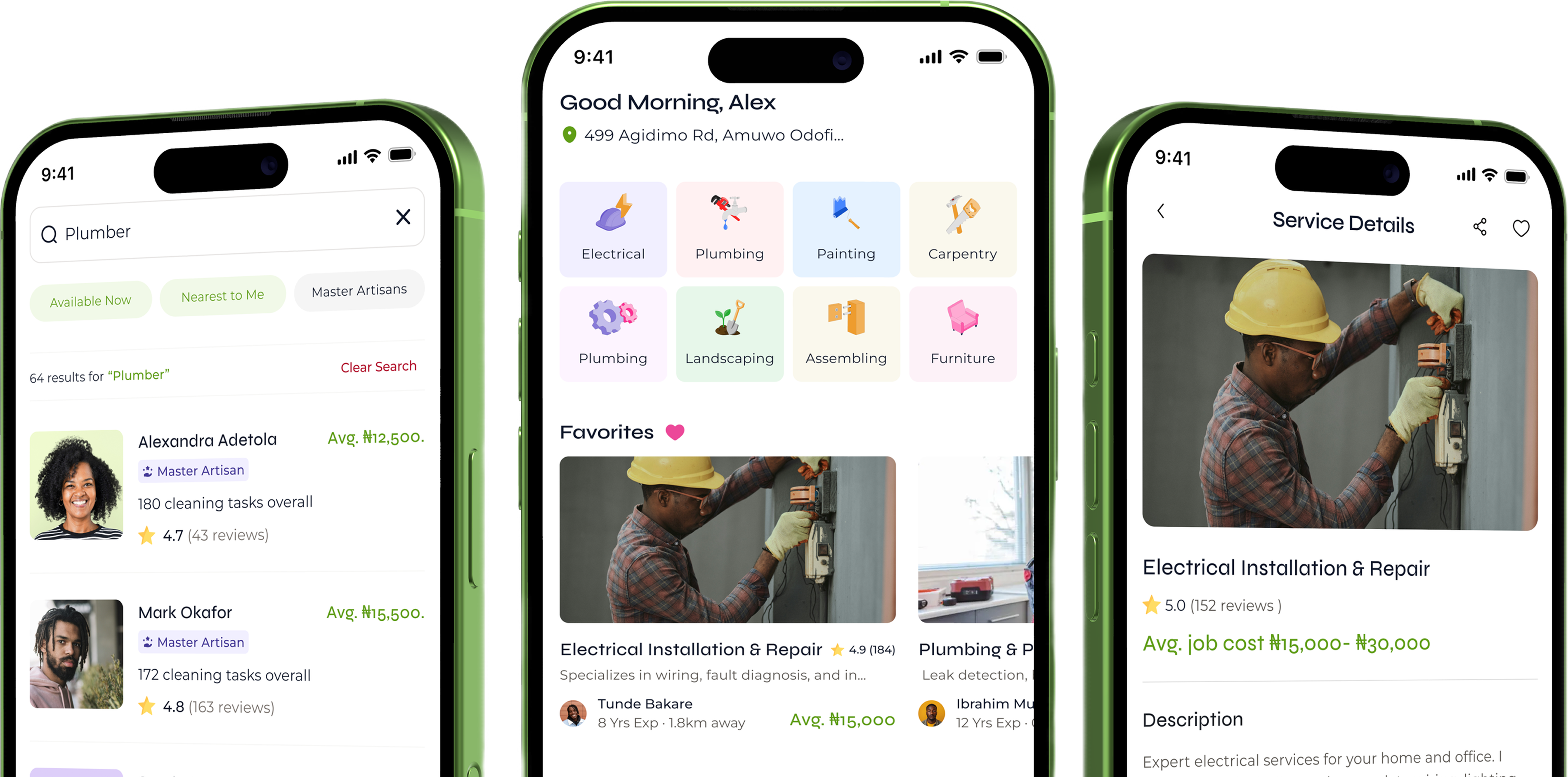 HandyNaija app screens: searching for a plumber, the home screen with service categories, and an electrical service detail page