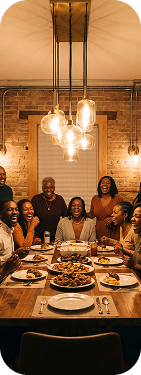 Family gathered for dinner around a set table