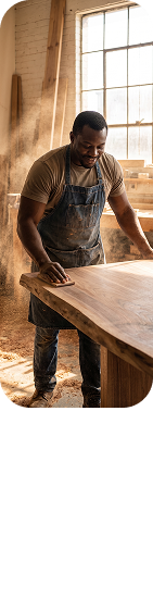 Carpenter sanding a wooden table in his workshop