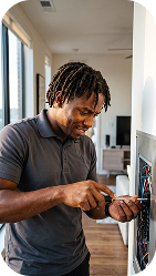 Technician setting up a home theater system