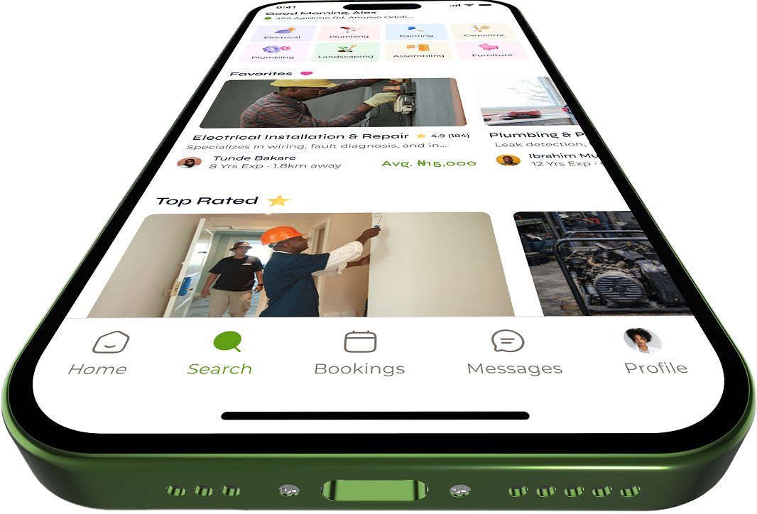 HandyNaija home screen tilted in perspective, showing top-rated artisans and search results