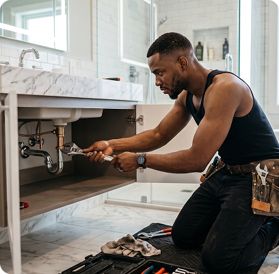 Plumber repairing pipework under a bathroom sink