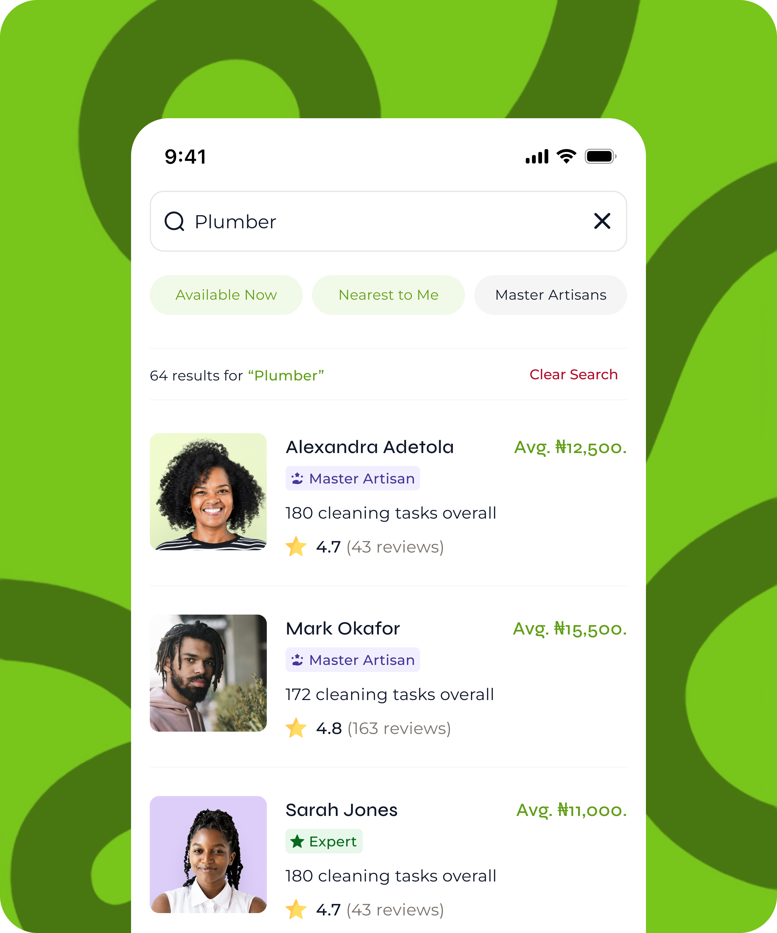 Search results for a plumber in the HandyNaija app