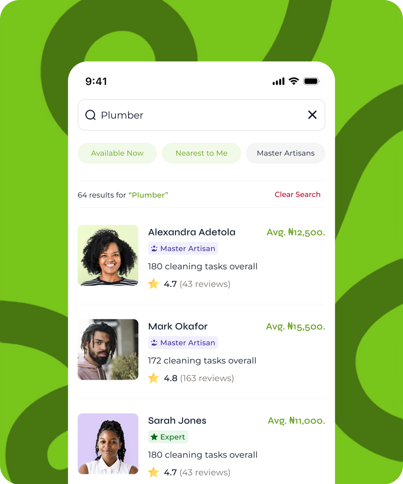 Search results for a plumber in the HandyNaija app