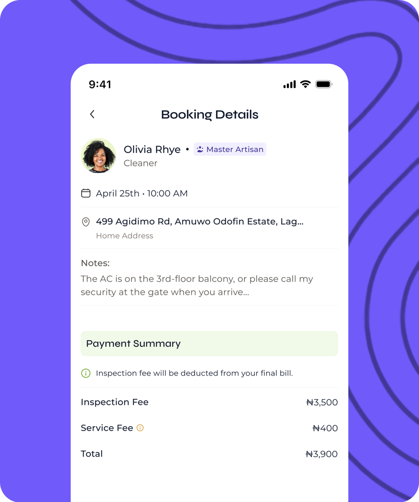 Booking details screen showing the inspection fee